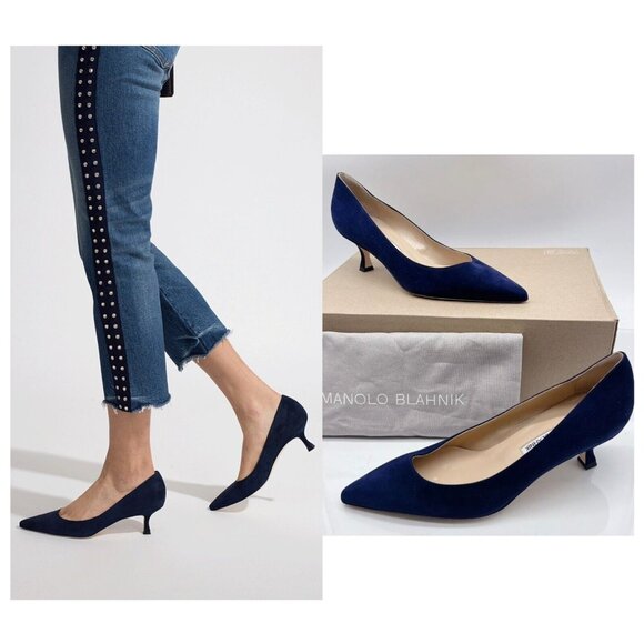 MANOLO BLAHNIK Srila Low Heel Pumps Navy Blue Suede Pointed Toe EU 38.5 US 8.5 - Picture 1 of 12